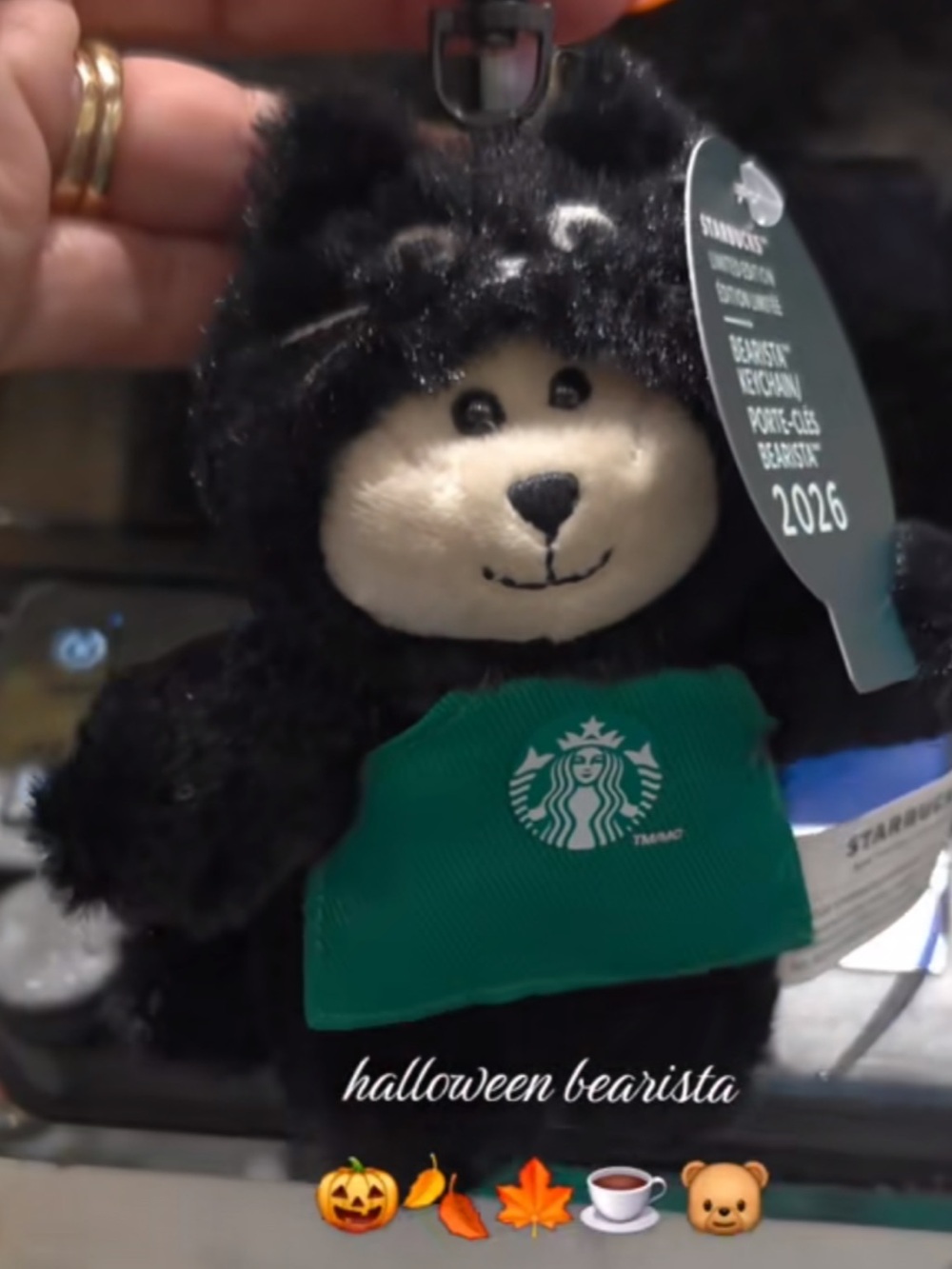 Viral Starbucks Halloween Bearista Plush Keychain - Black with Green Apron